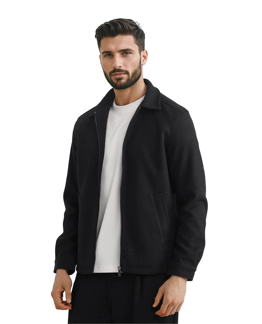 Rare Rabbit Men's Tweeder-2 Black Polyester Plain Relaxed Fit Full Sleeve Spread Collar Jacket