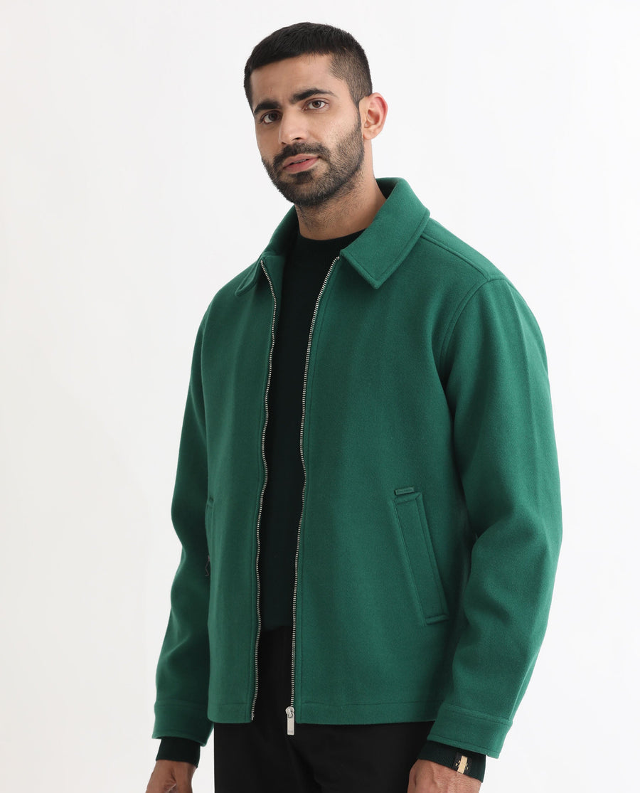 Rare Rabbit Men's Tweeder Green Polyester Textured Regular Fit Full Sleeve Spread Collar Jacket