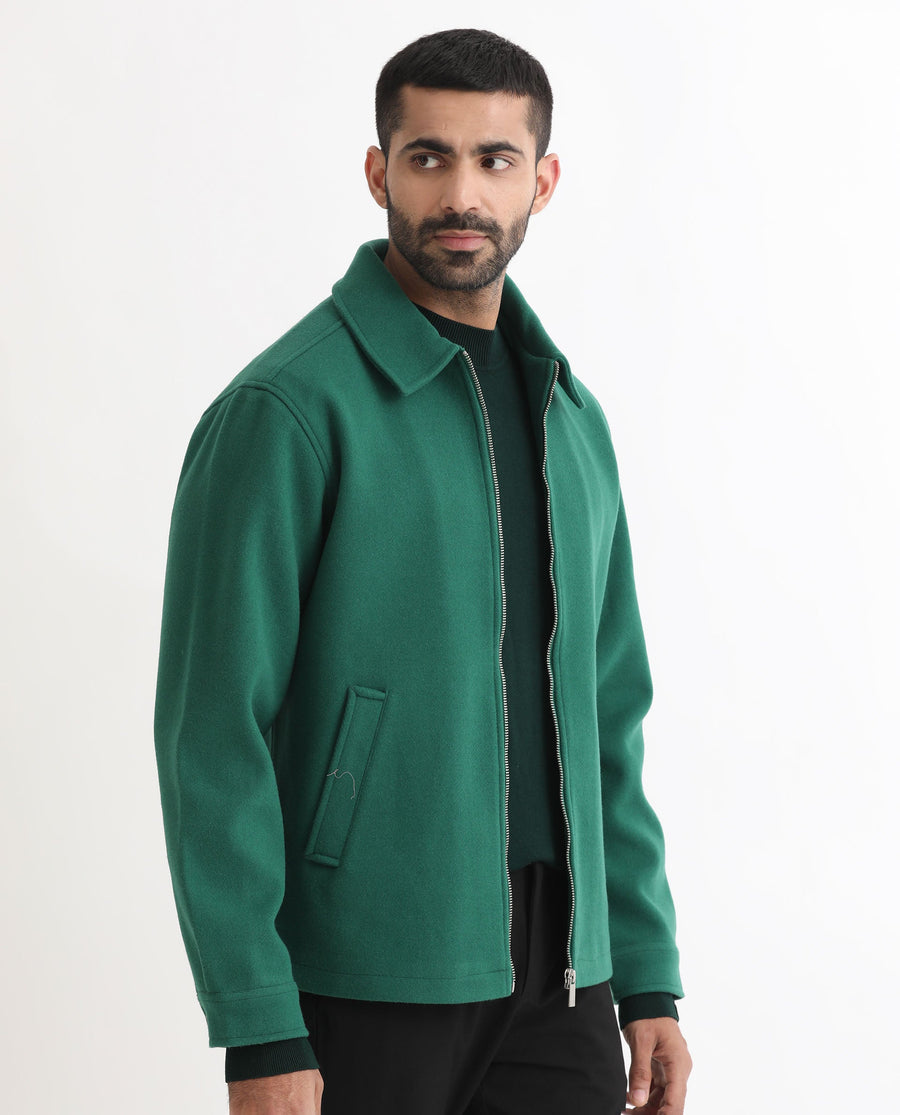 Rare Rabbit Men's Tweeder Green Polyester Textured Regular Fit Full Sleeve Spread Collar Jacket