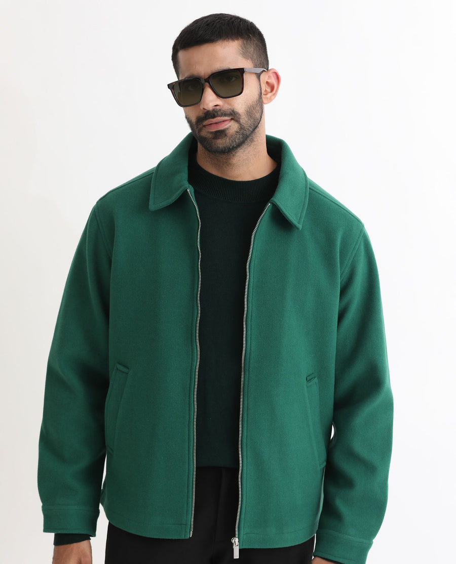 Rare Rabbit Men's Tweeder Green Polyester Textured Regular Fit Full Sleeve Spread Collar Jacket