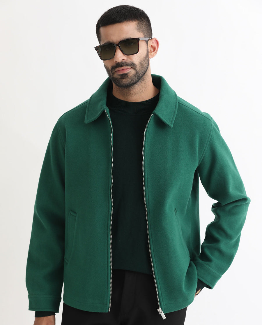 Rare Rabbit Men's Tweeder Green Polyester Textured Regular Fit Full Sleeve Spread Collar Jacket