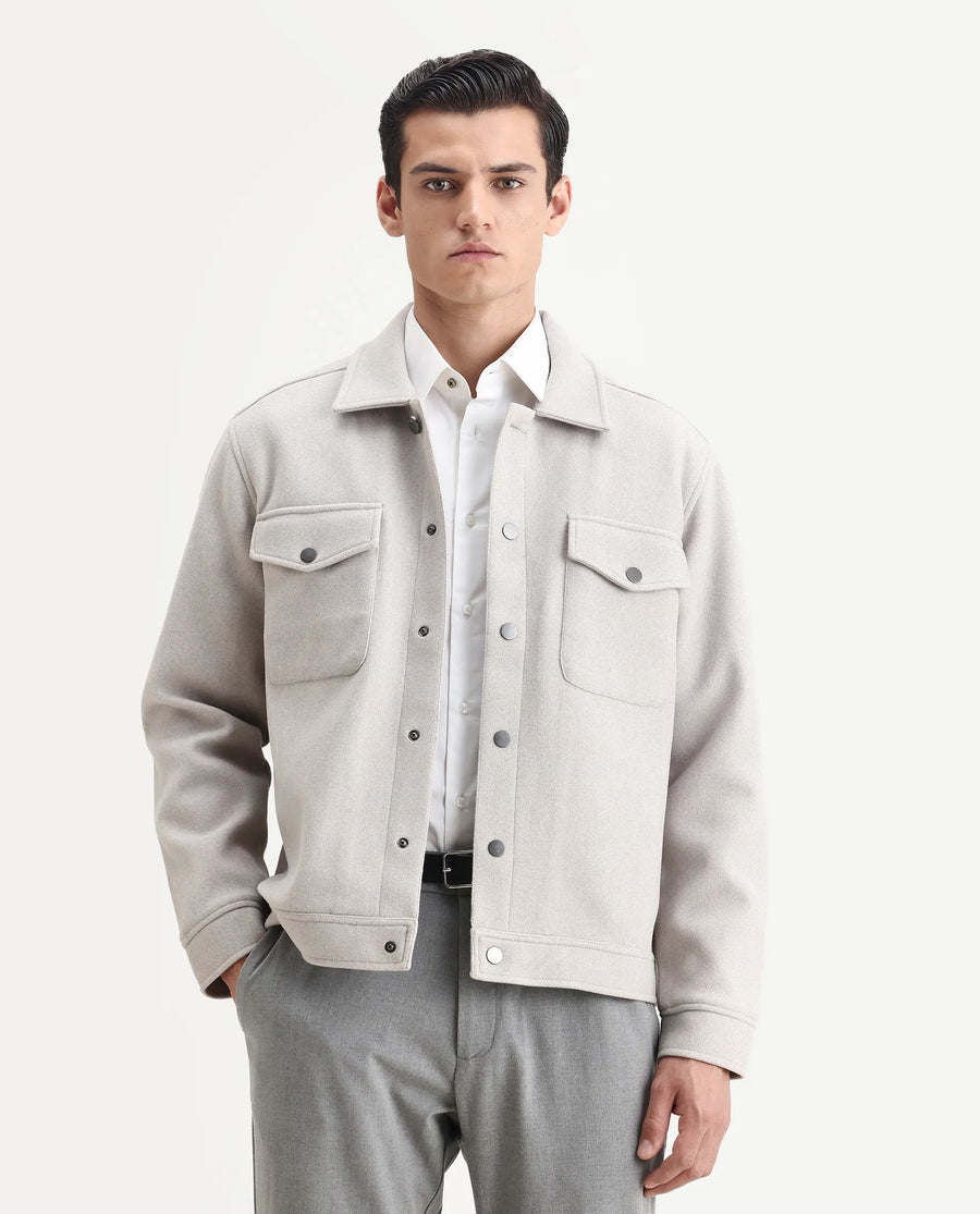 Rare Rabbit Men's Tweedo-25 Light Grey Olyester Textured Relaxed Fit Full Sleeve Spread Collar Jacket