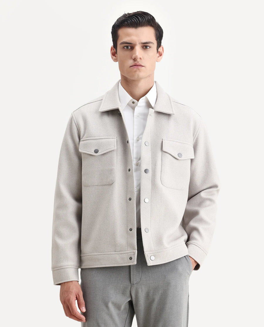 Rare Rabbit Men's Tweedo-25 Light Grey Olyester Textured Relaxed Fit Full Sleeve Spread Collar Jacket