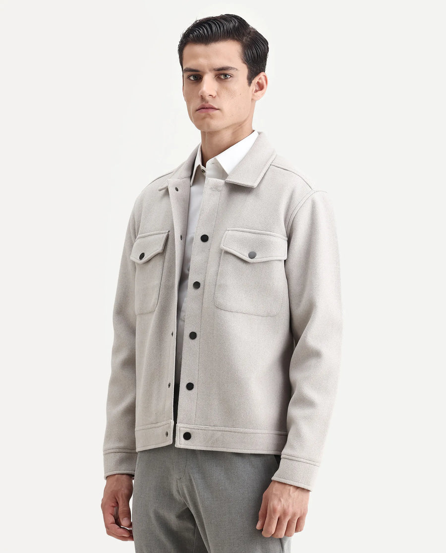 Rare Rabbit Men's Tweedo-25 Light Grey Olyester Textured Relaxed Fit Full Sleeve Spread Collar Jacket