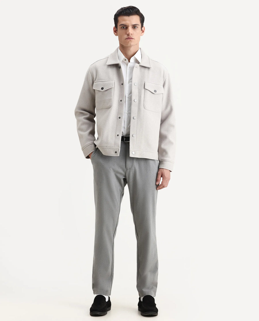 Rare Rabbit Men's Tweedo-25 Light Grey Olyester Textured Relaxed Fit Full Sleeve Spread Collar Jacket