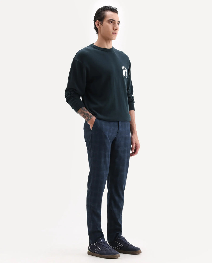 Rare Rabbit Men's Twig Navy Polyester Checked Print Regular Fit Trouser