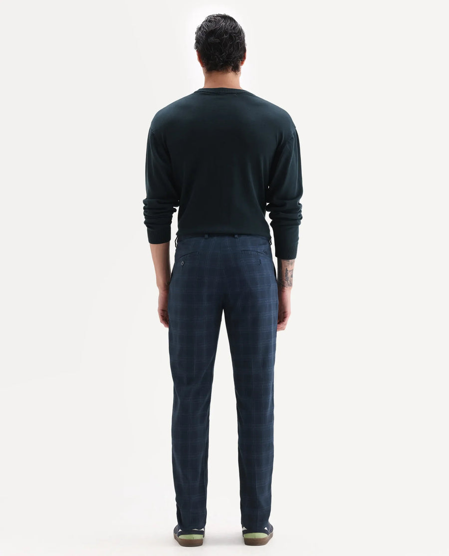 Rare Rabbit Men's Twig Navy Polyester Checked Print Regular Fit Trouser