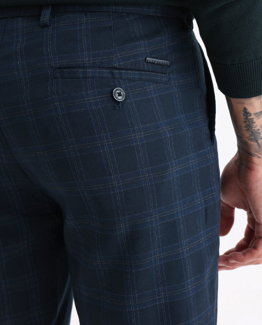 Rare Rabbit Men's Twig Navy Polyester Checked Print Regular Fit Trouser