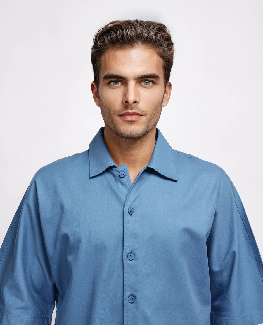 Rare Rabbit Men's Twillt Blue Cotton Plain Oversized Fit Full Sleeve Collared Shirt
