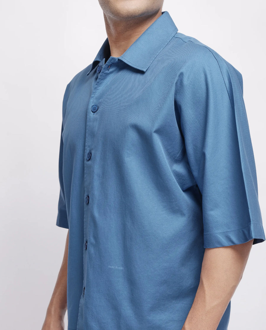 Rare Rabbit Men's Twillt Blue Cotton Plain Oversized Fit Full Sleeve Collared Shirt