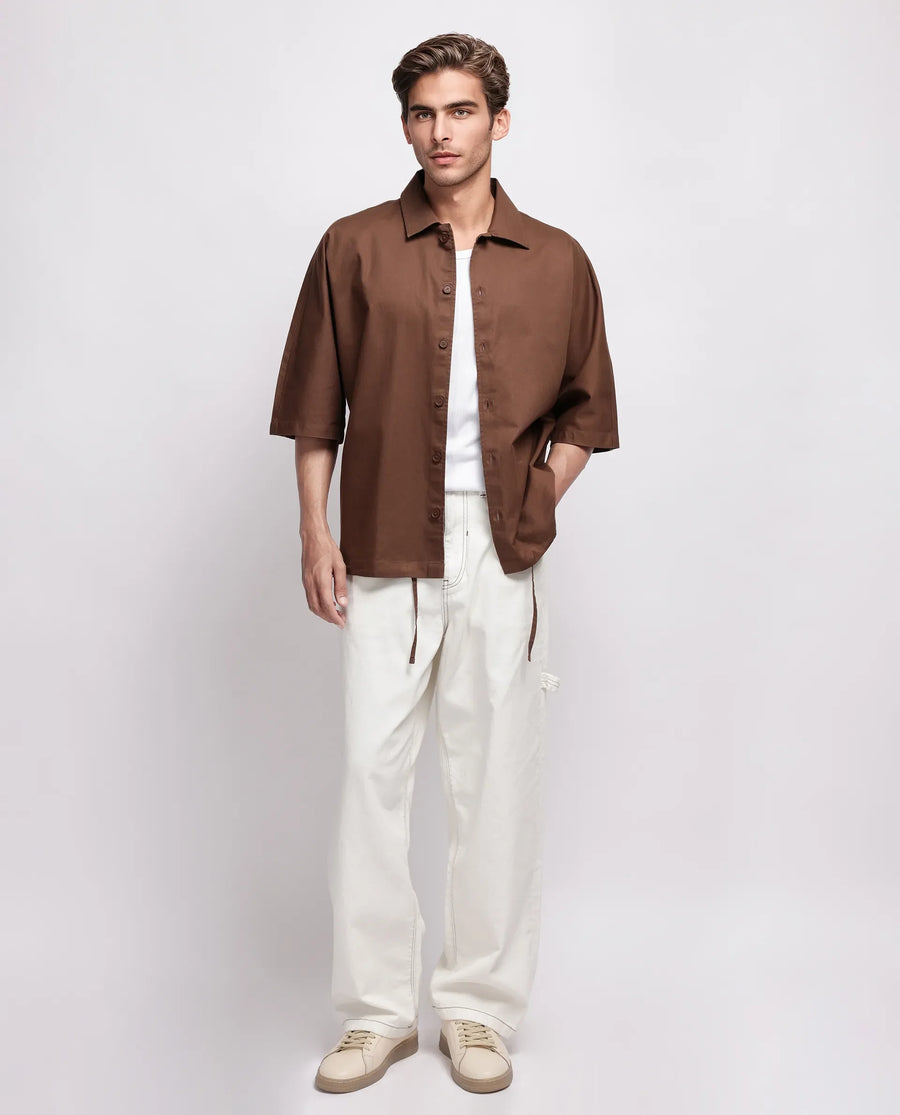 Rare Rabbit Men's Twillt Brown Cotton Plain Oversized Fit Full Sleeve Collared Shirt