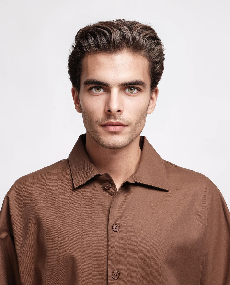 Rare Rabbit Men's Twillt Brown Cotton Plain Oversized Fit Full Sleeve Collared Shirt