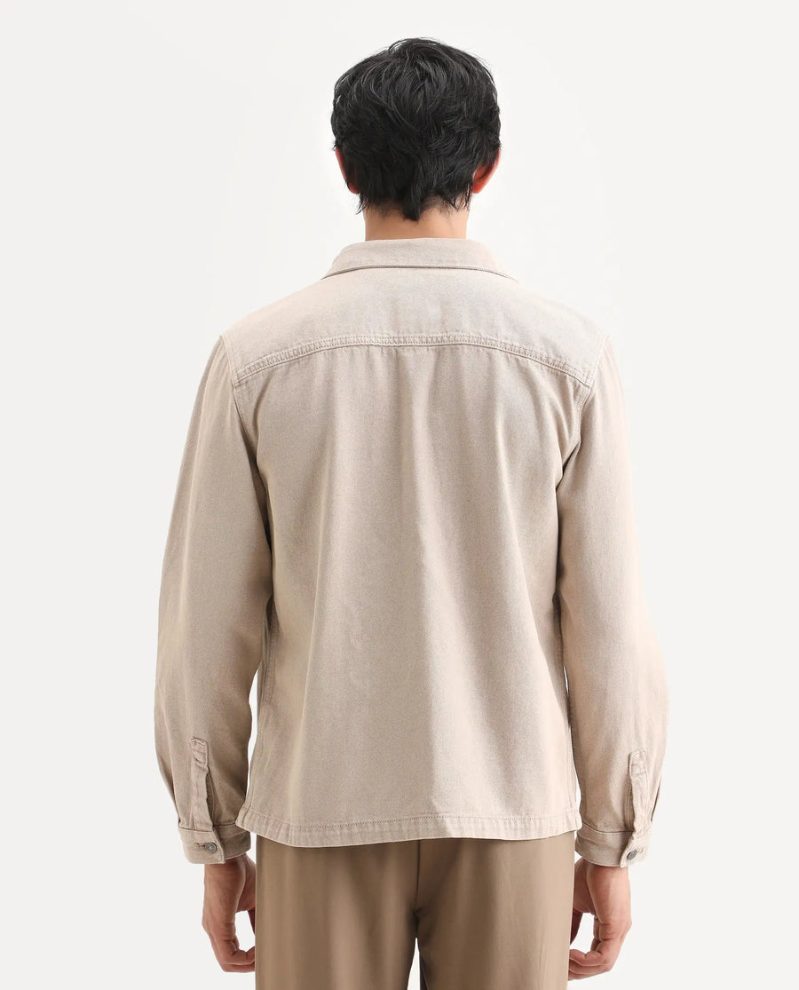 Rare Rabbit Men's Tycho Beige Cotton Plain Oversized Fit Full Sleeve Spread Collar Jacket