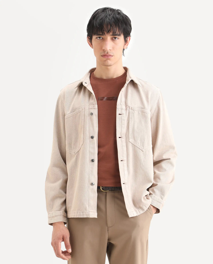 Rare Rabbit Men's Tycho Beige Cotton Plain Oversized Fit Full Sleeve Spread Collar Jacket