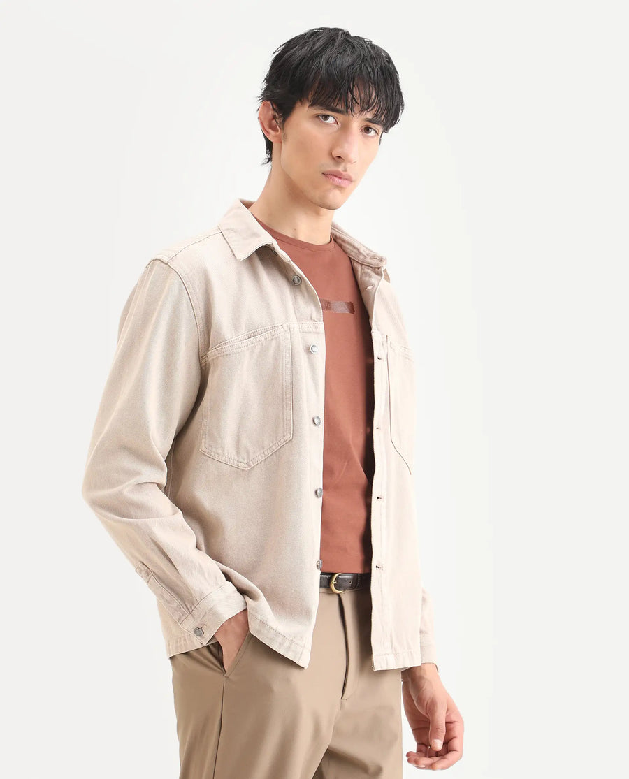 Rare Rabbit Men's Tycho Beige Cotton Plain Oversized Fit Full Sleeve Spread Collar Jacket