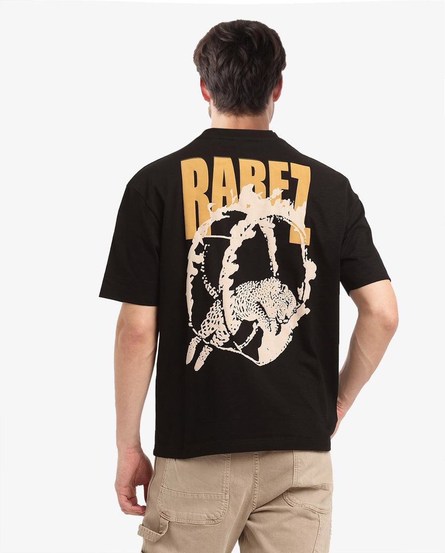 Rare Rabbit Men's Tyga Black Cotton Graphic Print Oversized Fit Half Sleeve Crew Neck T-Shirt