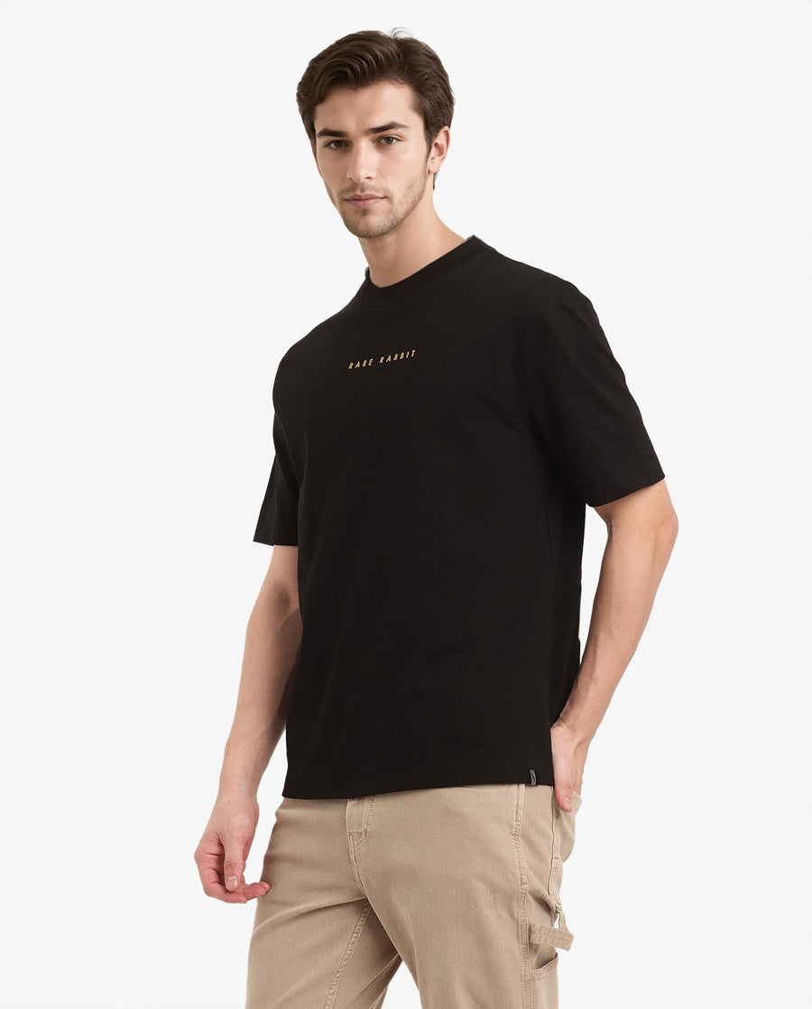 Rare Rabbit Men's Tyga Black Cotton Graphic Print Oversized Fit Half Sleeve Crew Neck T-Shirt