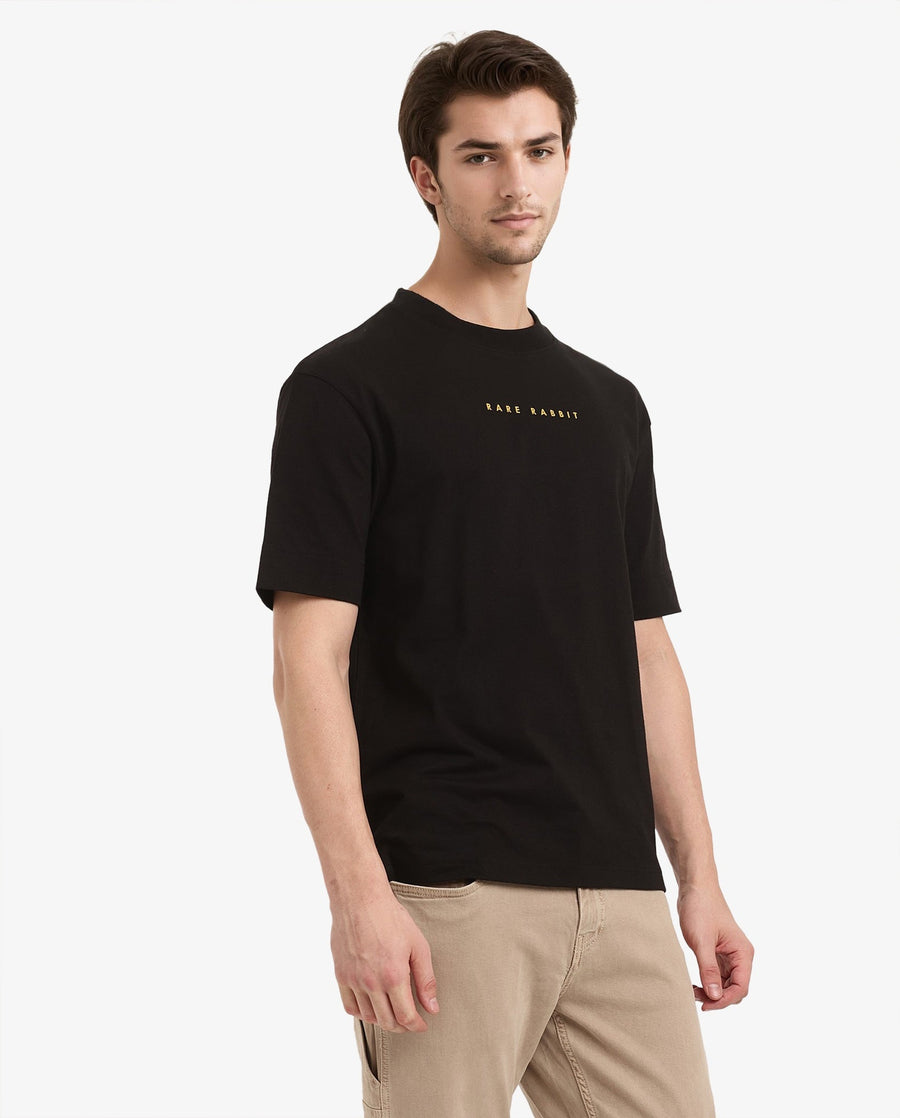 Rare Rabbit Men's Tyga Black Cotton Graphic Print Oversized Fit Half Sleeve Crew Neck T-Shirt