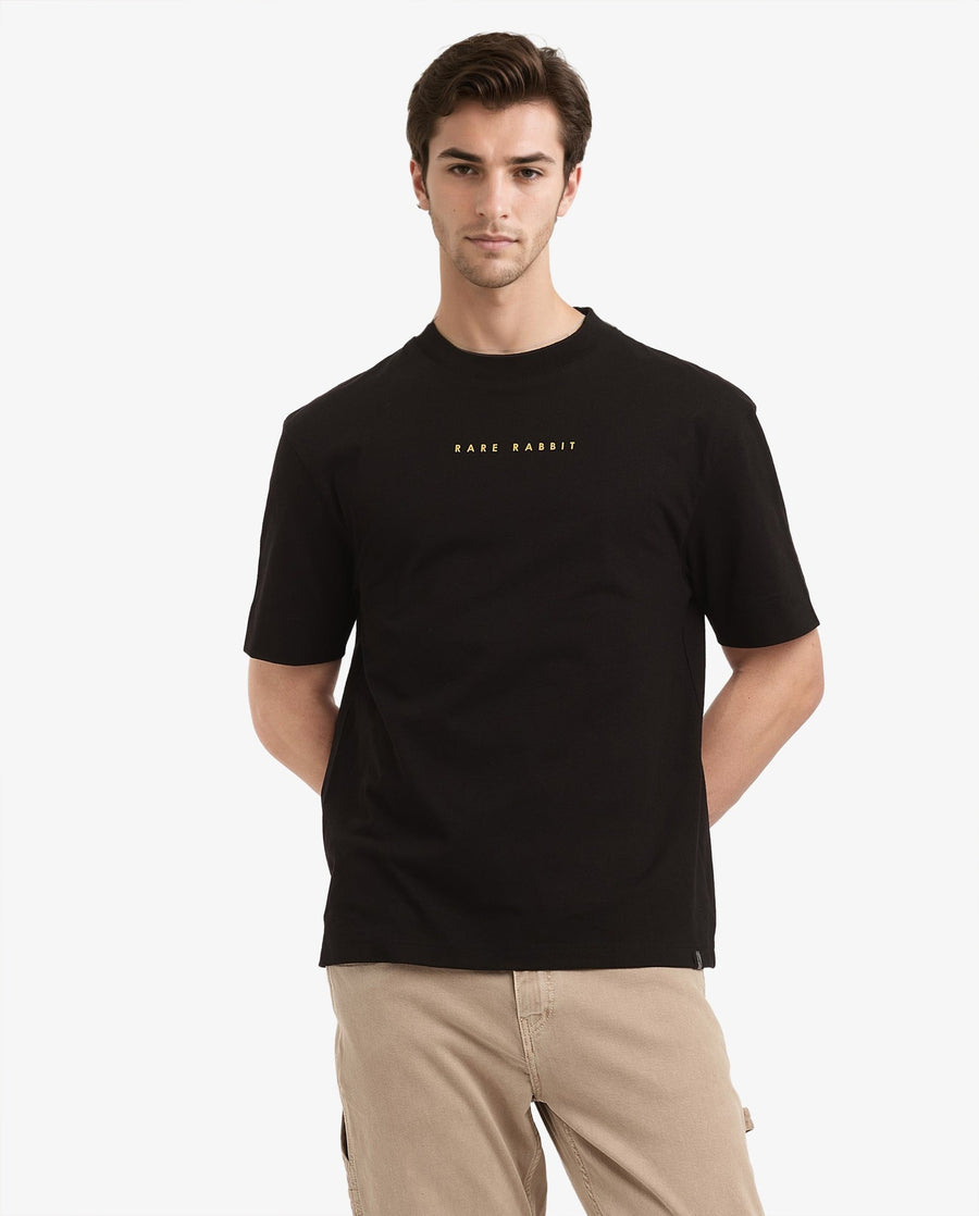 Rare Rabbit Men's Tyga Black Cotton Graphic Print Oversized Fit Half Sleeve Crew Neck T-Shirt