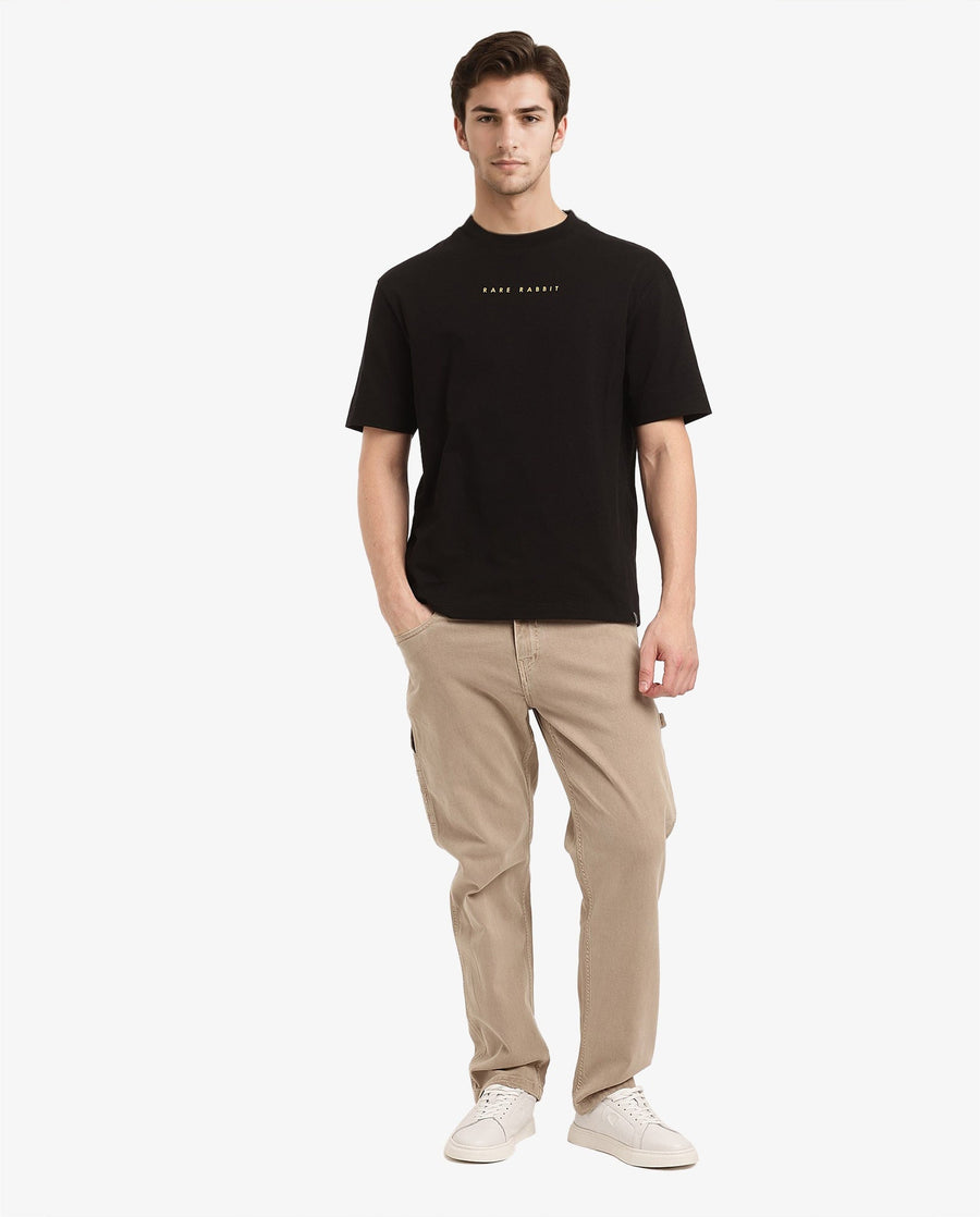 Rare Rabbit Men's Tyga Black Cotton Graphic Print Oversized Fit Half Sleeve Crew Neck T-Shirt