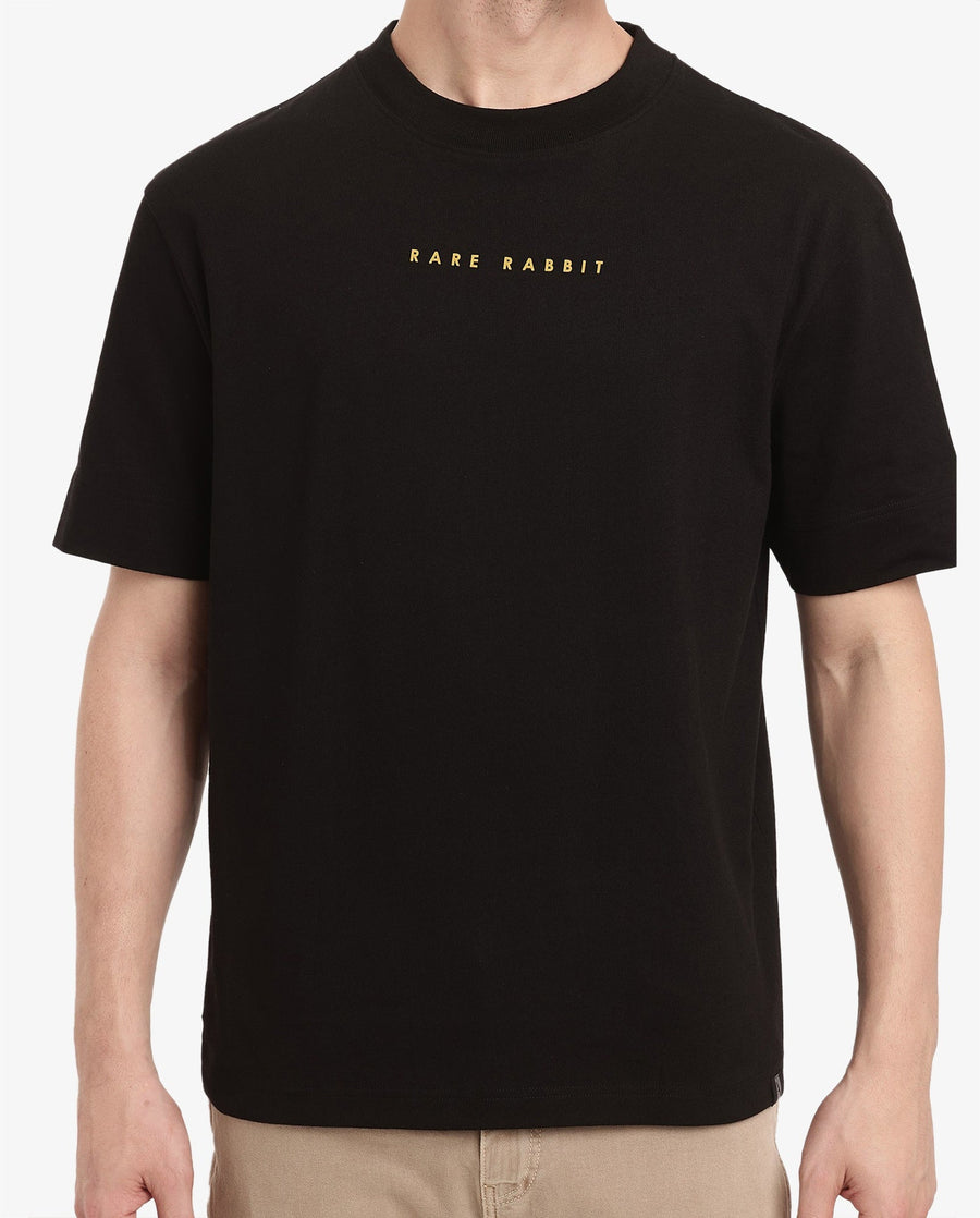 Rare Rabbit Men's Tyga Black Cotton Graphic Print Oversized Fit Half Sleeve Crew Neck T-Shirt