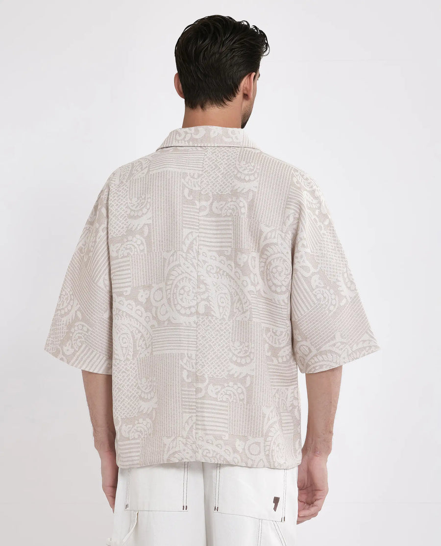 Rare Rabbit Men's Tyra Beige Cotton Blend Jacquard Oversized Fit Half Sleeve Collared Shacket