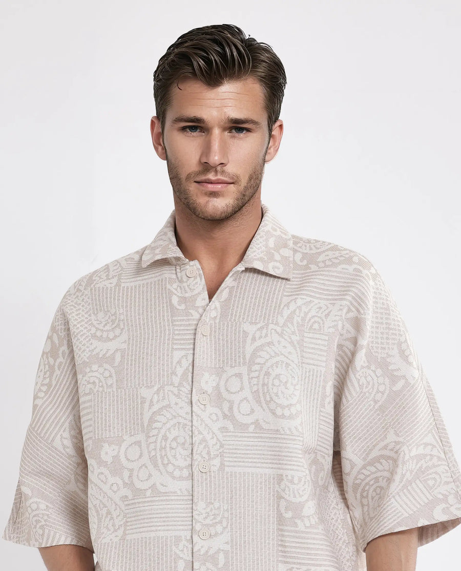 Rare Rabbit Men's Tyra Beige Cotton Blend Jacquard Oversized Fit Half Sleeve Collared Shacket