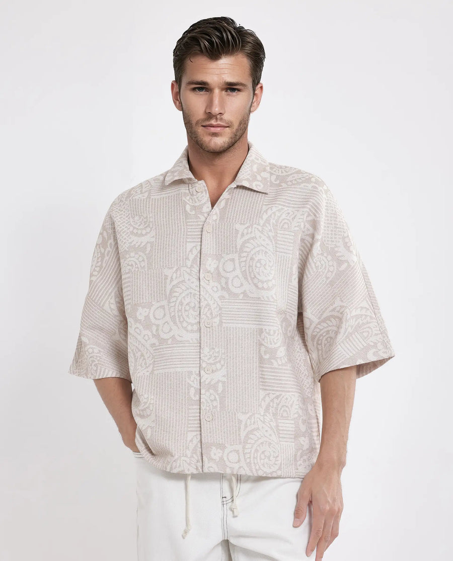 Rare Rabbit Men's Tyra Beige Cotton Blend Jacquard Oversized Fit Half Sleeve Collared Shacket