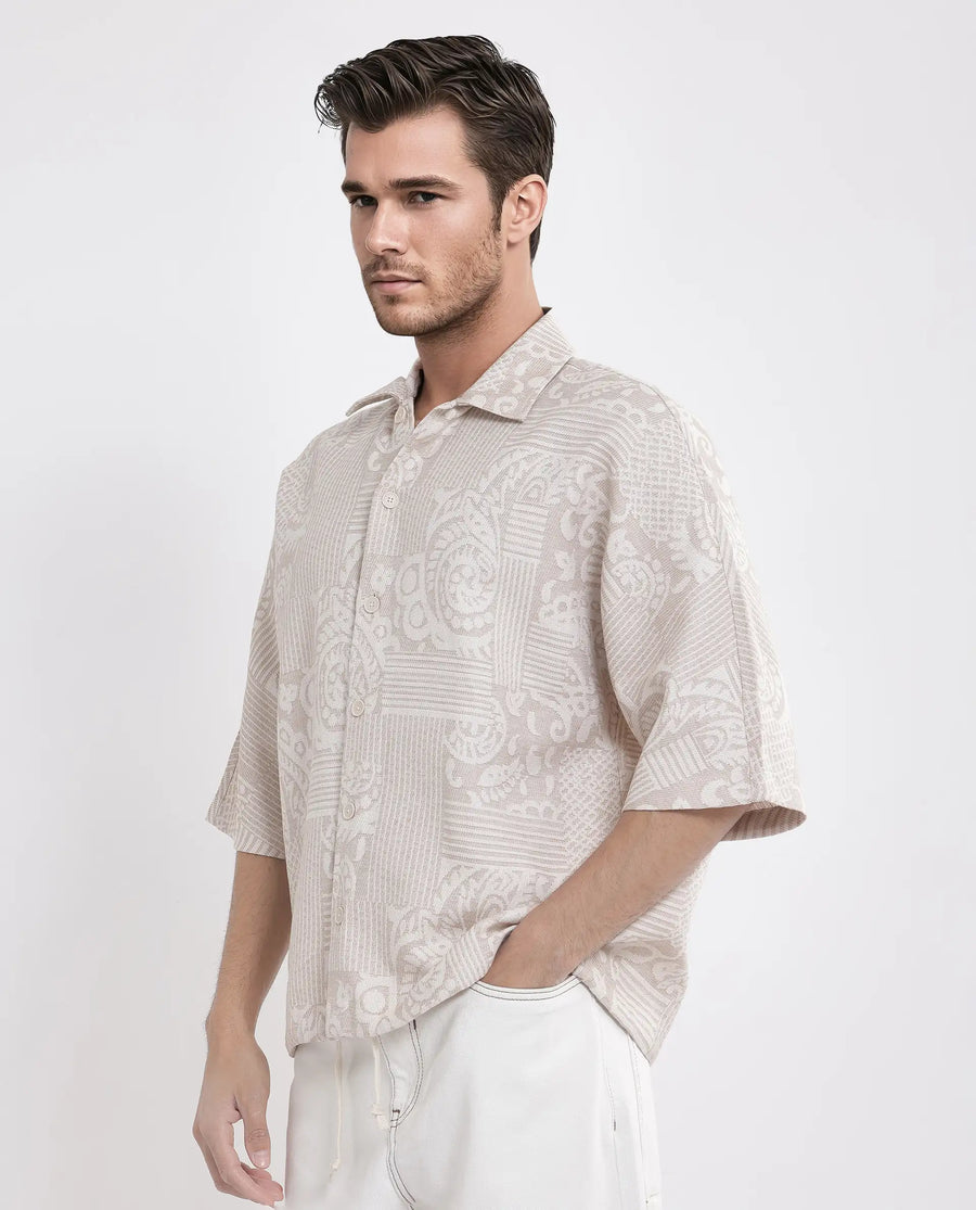 Rare Rabbit Men's Tyra Beige Cotton Blend Jacquard Oversized Fit Half Sleeve Collared Shacket