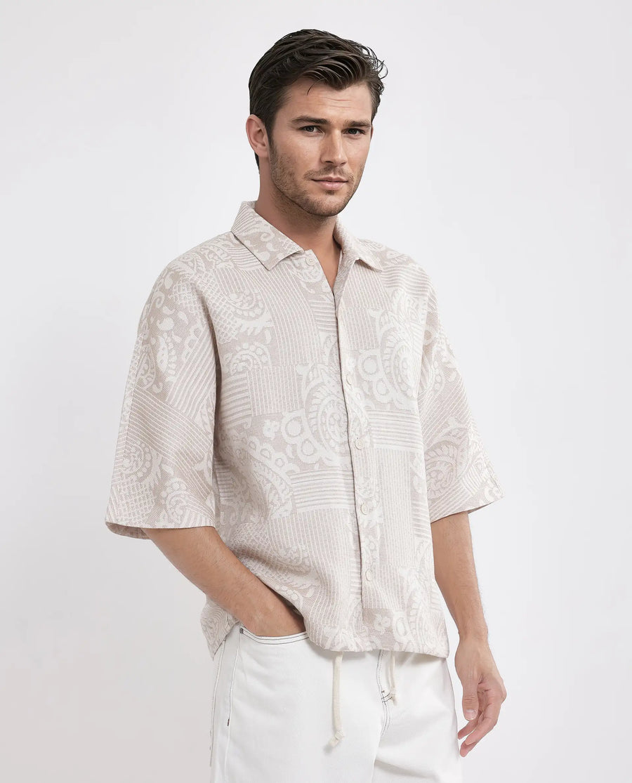Rare Rabbit Men's Tyra Beige Cotton Blend Jacquard Oversized Fit Half Sleeve Collared Shacket