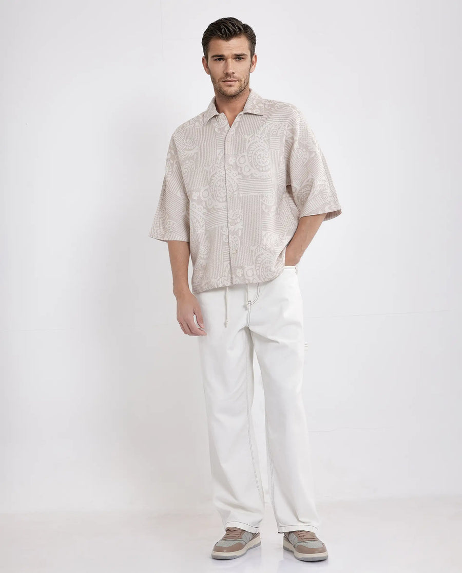 Rare Rabbit Men's Tyra Beige Cotton Blend Jacquard Oversized Fit Half Sleeve Collared Shacket