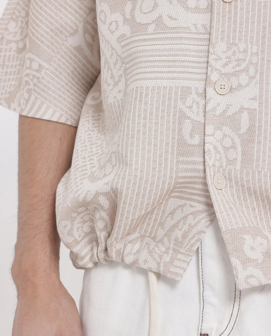 Rare Rabbit Men's Tyra Beige Cotton Blend Jacquard Oversized Fit Half Sleeve Collared Shacket