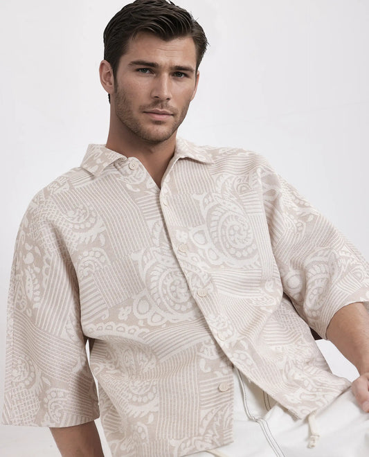 Rare Rabbit Men's Tyra Beige Cotton Blend Jacquard Oversized Fit Half Sleeve Collared Shacket
