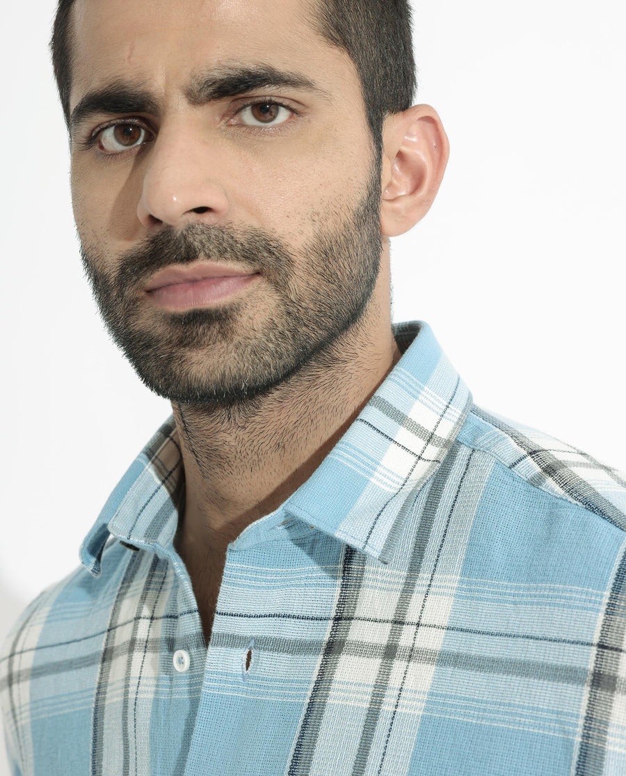 Rare Rabbit Men's Taverna Blue Cotton Checked Print Tailored Fit Full Sleeve Collared Shirt