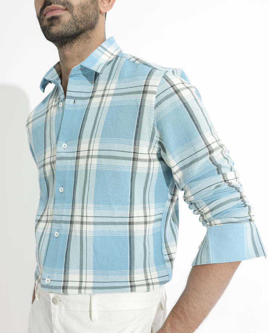 Rare Rabbit Men's Taverna Blue Cotton Checked Print Tailored Fit Full Sleeve Collared Shirt
