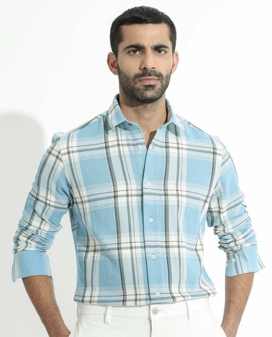 Rare Rabbit Men's Taverna Blue Cotton Checked Print Tailored Fit Full Sleeve Collared Shirt