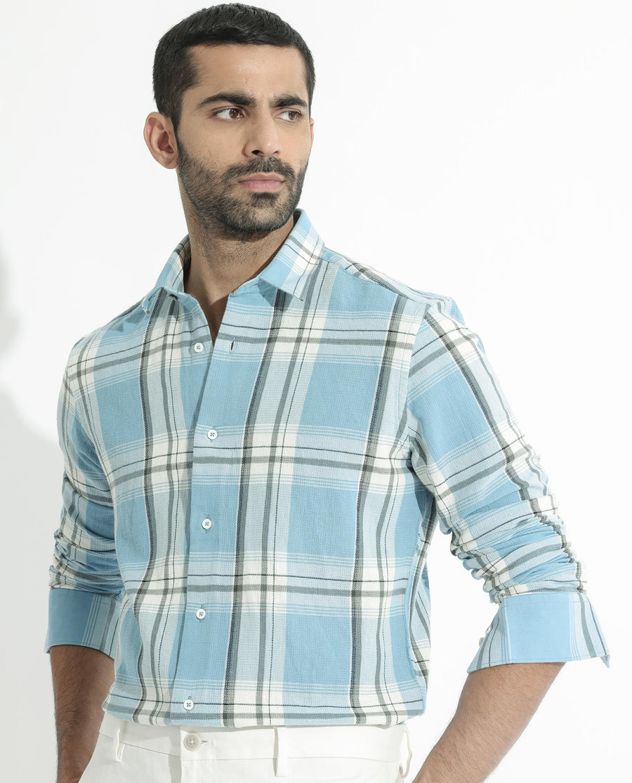 Rare Rabbit Men's Taverna Blue Cotton Checked Print Tailored Fit Full Sleeve Collared Shirt