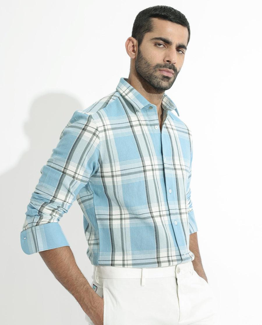 Rare Rabbit Men's Taverna Blue Cotton Checked Print Tailored Fit Full Sleeve Collared Shirt