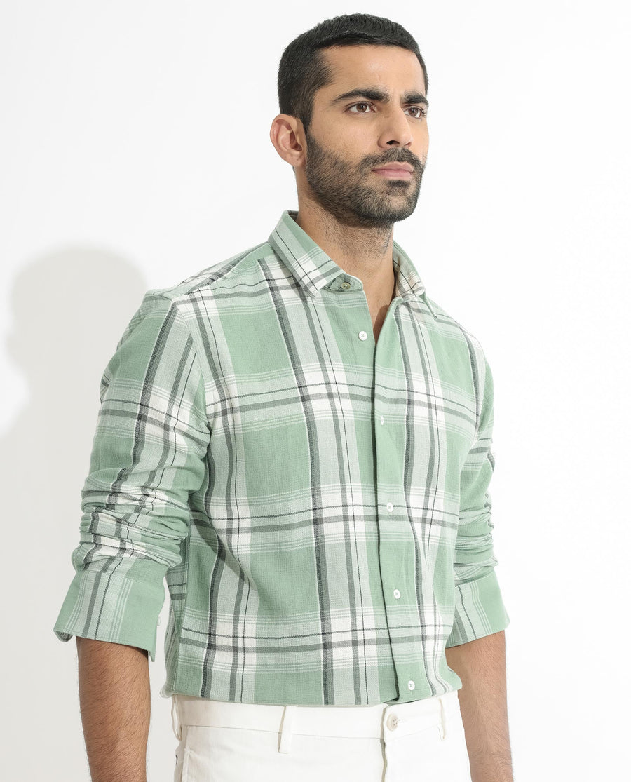Rare Rabbit Men's Taverna Green Cotton Checked Print Tailored Fit Full Sleeve Collared Shirt