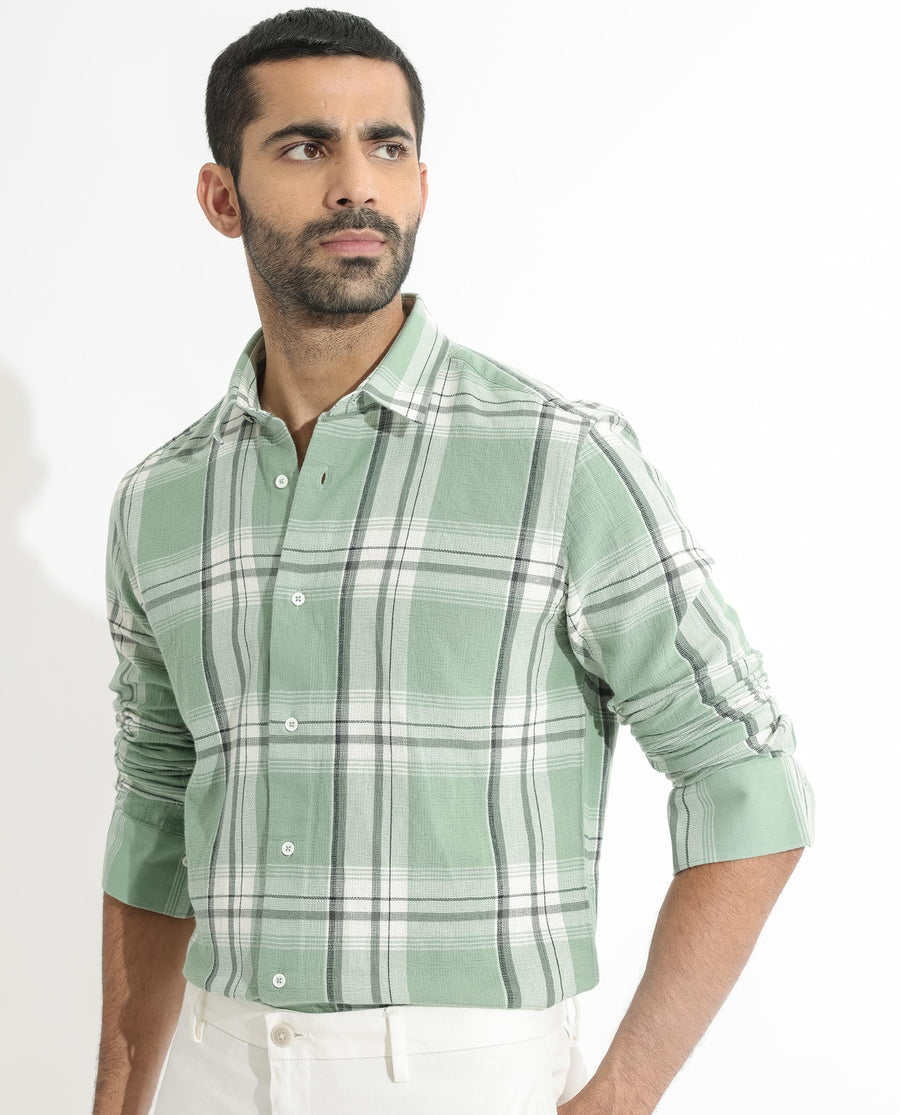 Rare Rabbit Men's Taverna Green Cotton Checked Print Tailored Fit Full Sleeve Collared Shirt