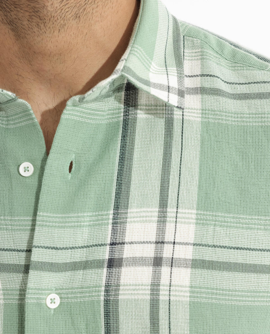 Rare Rabbit Men's Taverna Green Cotton Checked Print Tailored Fit Full Sleeve Collared Shirt