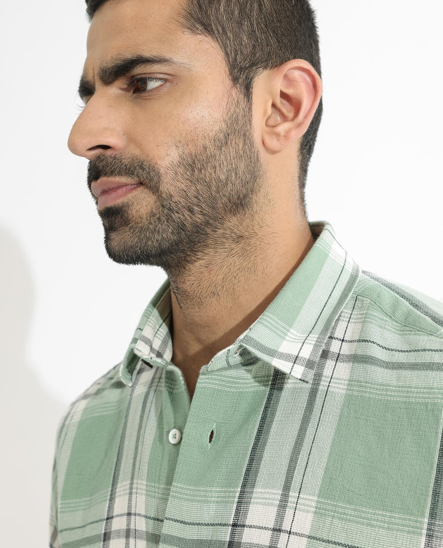 Rare Rabbit Men's Taverna Green Cotton Checked Print Tailored Fit Full Sleeve Collared Shirt