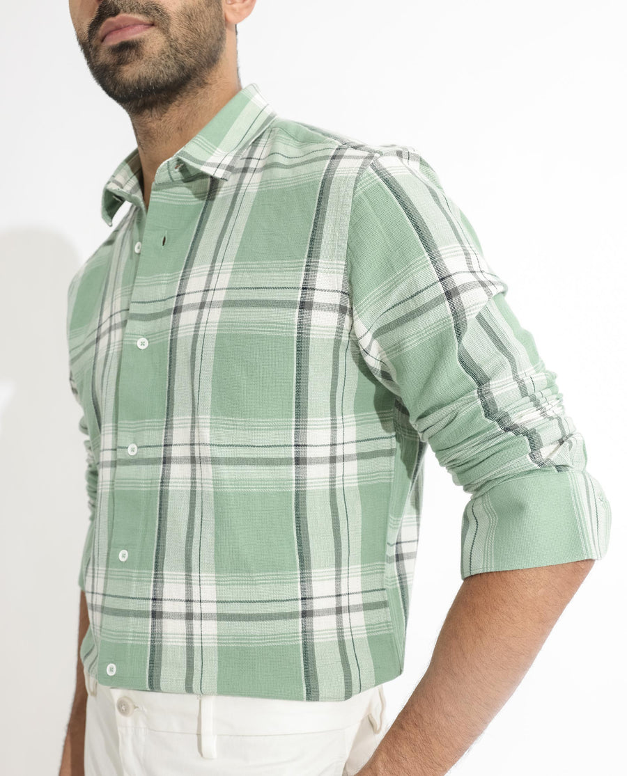 Rare Rabbit Men's Taverna Green Cotton Checked Print Tailored Fit Full Sleeve Collared Shirt