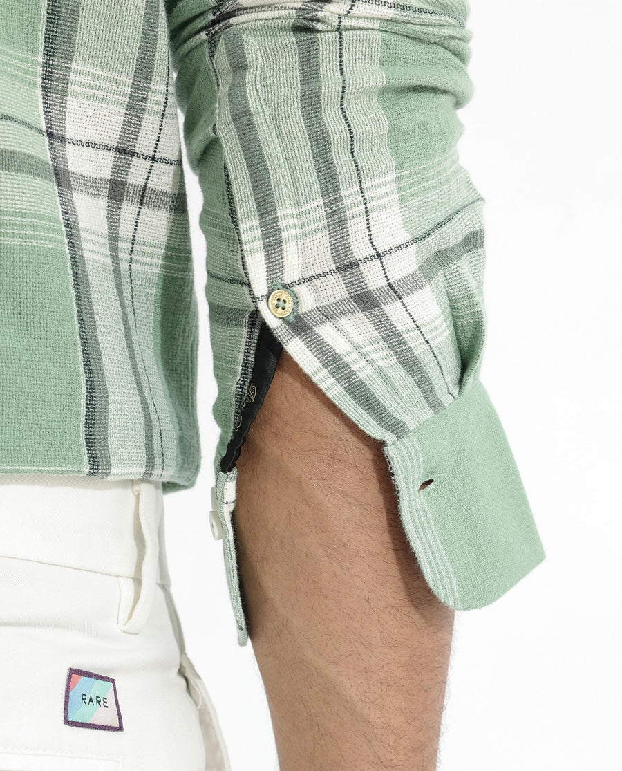 Rare Rabbit Men's Taverna Green Cotton Checked Print Tailored Fit Full Sleeve Collared Shirt