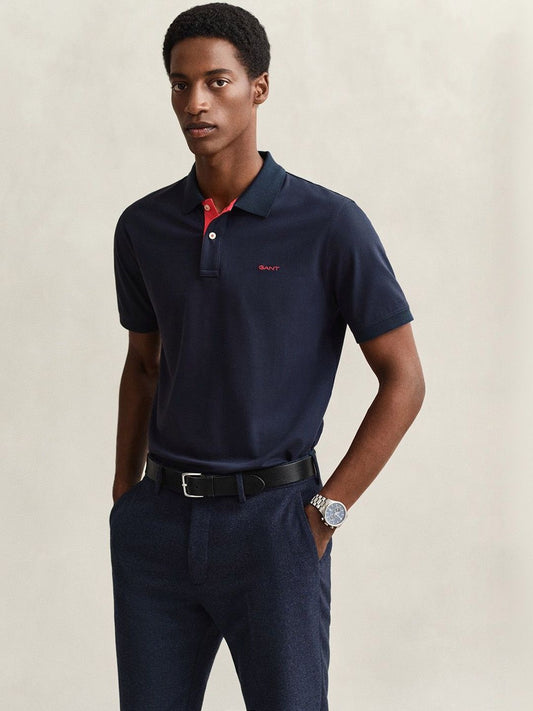 Gant Men Navy Blue Solid Regular Fit Pique Polo T-Shirt