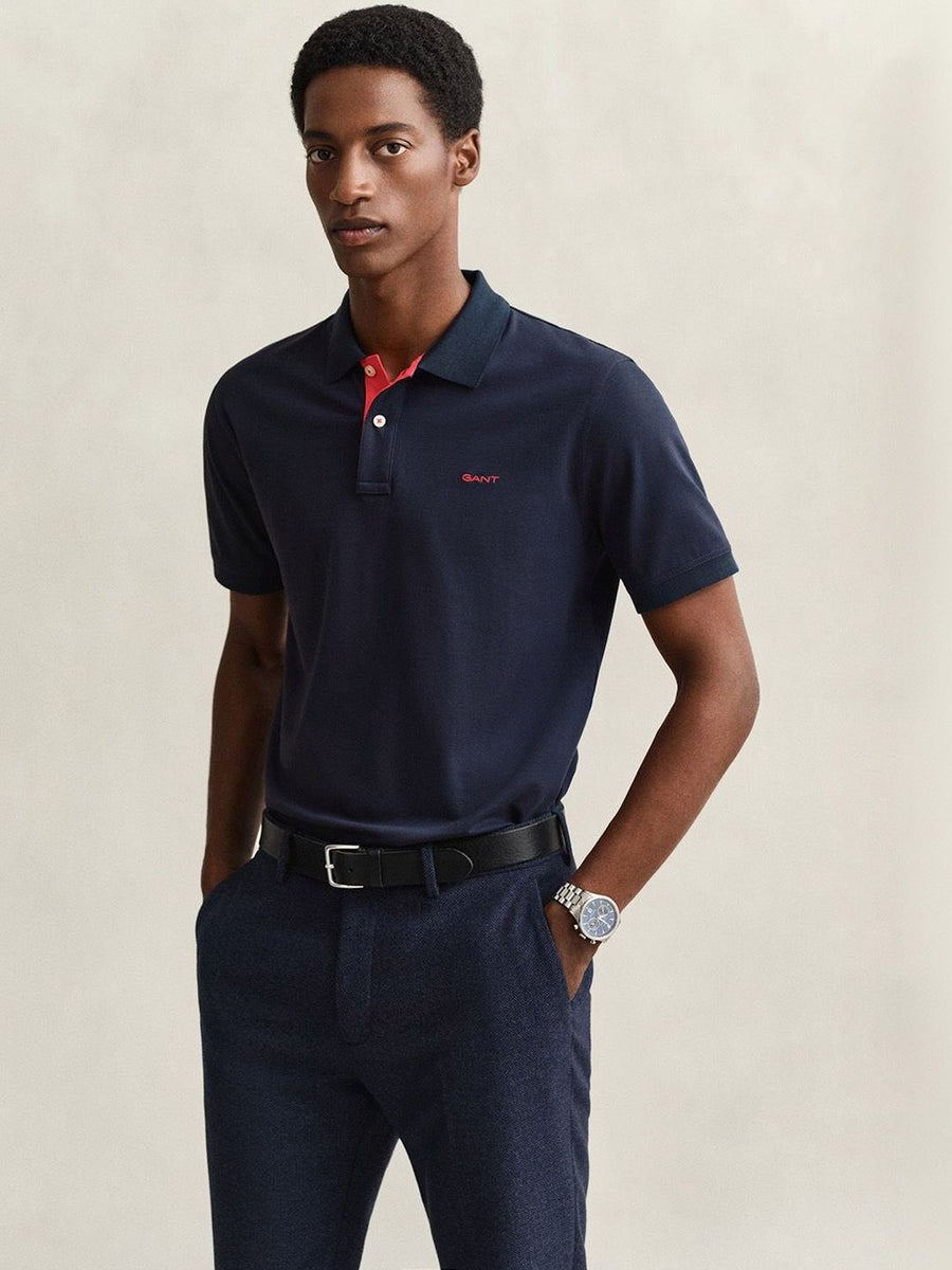 Gant Men Navy Blue Solid Regular Fit Pique Polo T-Shirt