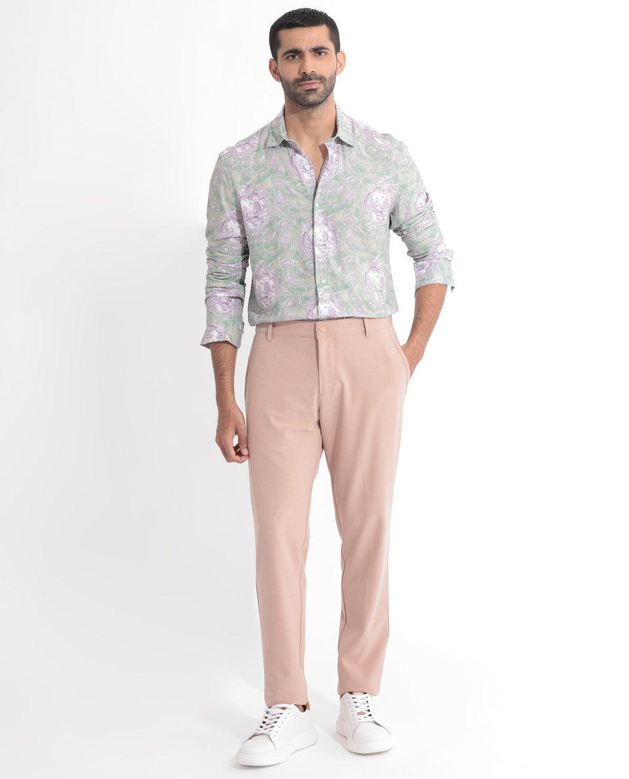 Rare Rabbit Men's Theon Dusky Green Cotton Floral Print Regular Fit Full Sleeve Collared Shirt