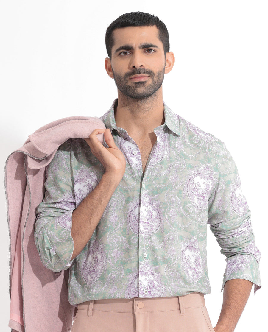 Rare Rabbit Men's Theon Dusky Green Cotton Floral Print Regular Fit Full Sleeve Collared Shirt