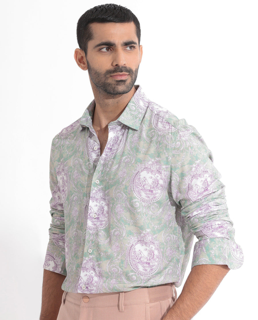 Rare Rabbit Men's Theon Dusky Green Cotton Floral Print Regular Fit Full Sleeve Collared Shirt