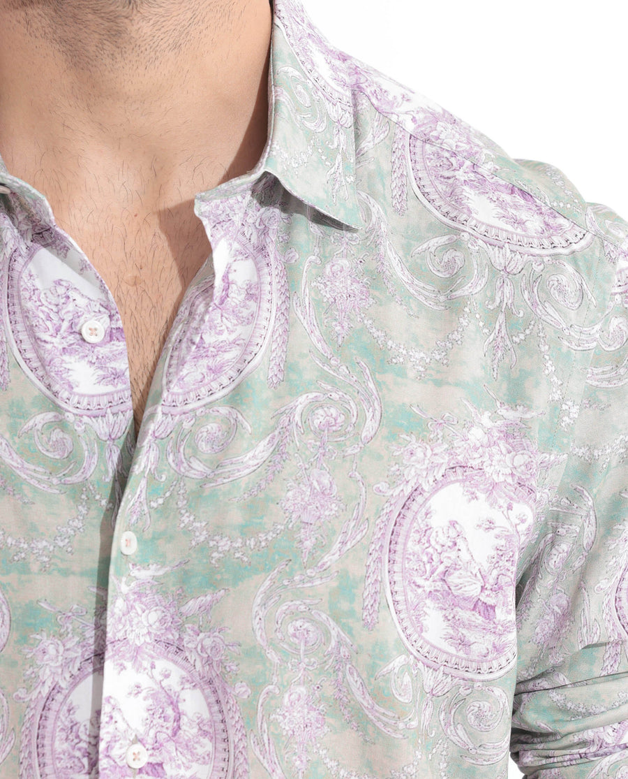 Rare Rabbit Men's Theon Dusky Green Cotton Floral Print Regular Fit Full Sleeve Collared Shirt